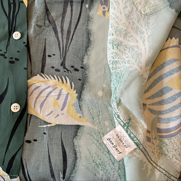 Sun Surf Japan Original Hawaiian Prints Green Yellow Fish Shirt Size Small S - Picture 7 of 9